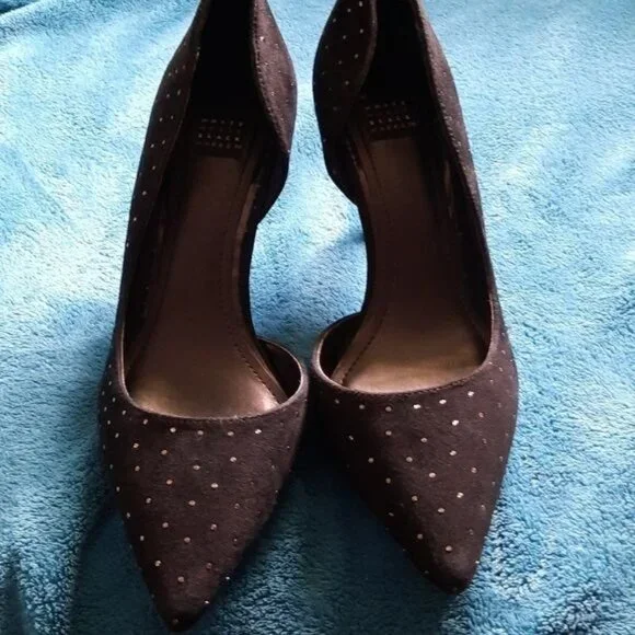 White House Black Market Black Ella Studded Velvet High Heel Open Pumps Size 7.5 - Picture 11 of 11